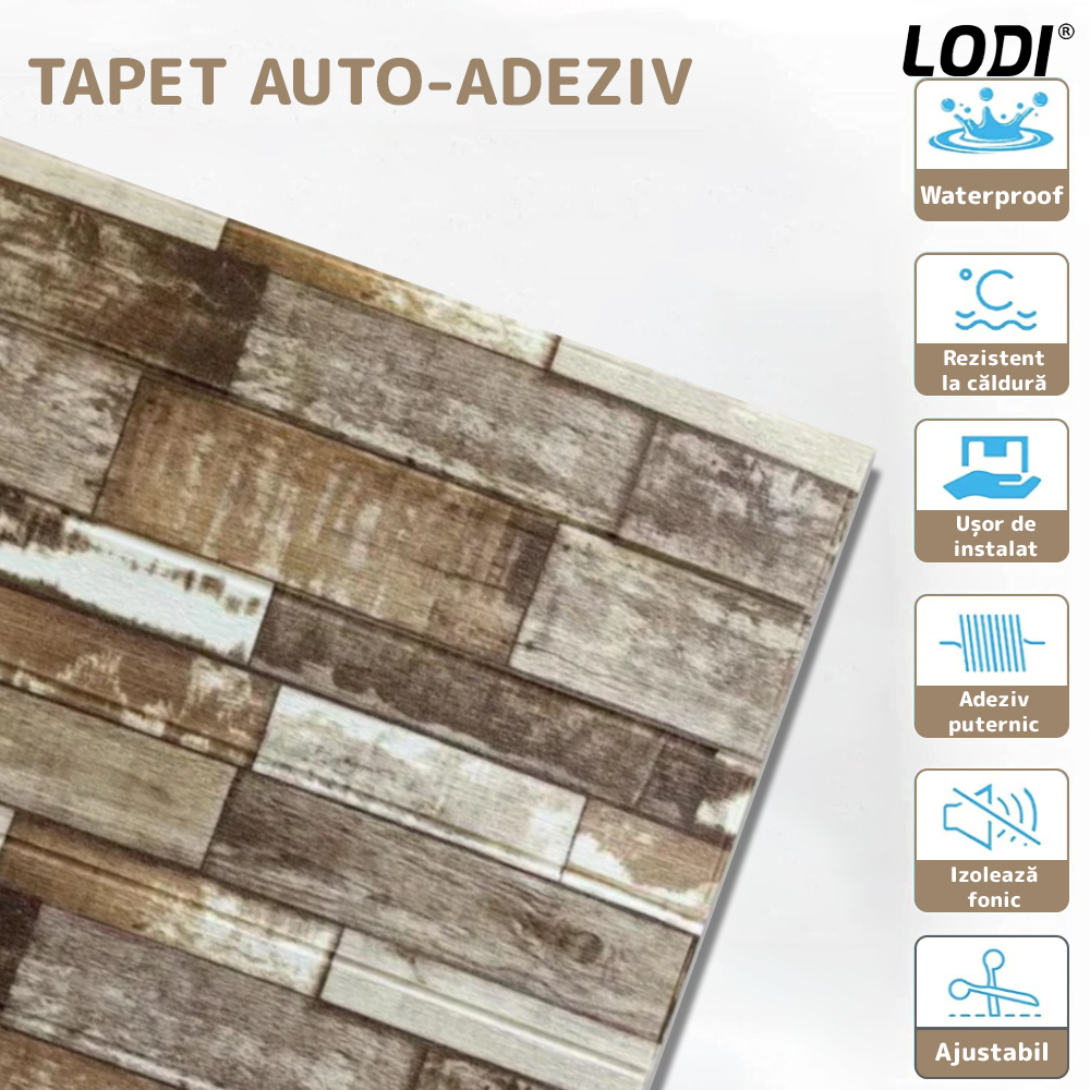 Set Tapet Panou 3D Lodi133, Model Lemn, suprafata acoperire 4.9 mp, autoadeziv, waterproof, usor de montat, design modern, 70x70 cm, maro