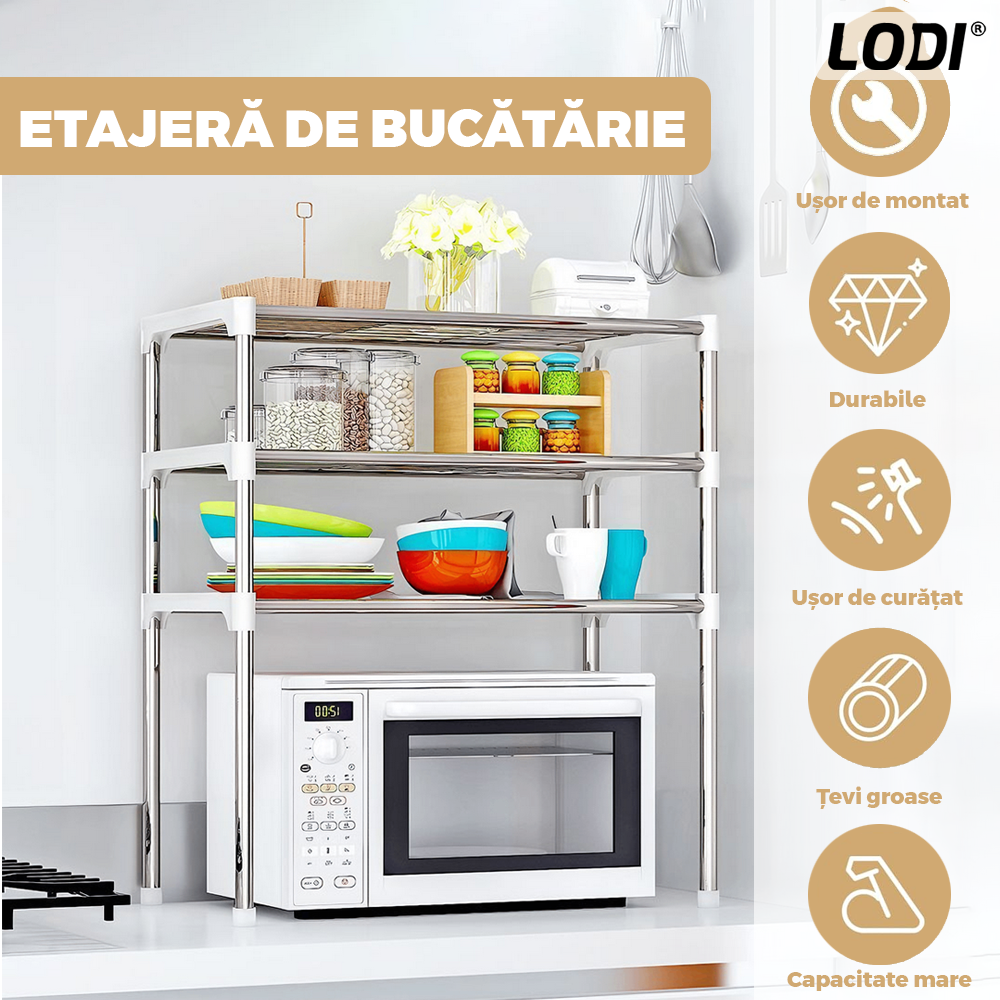 Raft Universal Lodi1484, pretabil cuptor cu microunde, pentru bucatarie/baie/sufragerie, 3 niveluri, din otel inoxidabil, usor de montat, capacitate ridicata, alb