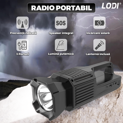 Radio Portabil cu Incarcare Solara Lodi1419, lanterna incorporata, panou solar rezistent, protectie waterproof Ipx5, 3 porturi de incarcare, conectivitate Bluetooth, speaker, 32 x 11 cm, negru
