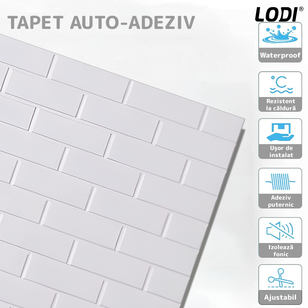 Set 10x Tapet 3D Lodi815, suprafata acoperire 5.3 mp, autoadeziv, Model Caramida Slefuita, perete/tavan, waterproof, usor de montat, design modern, 70x70 cm, alb