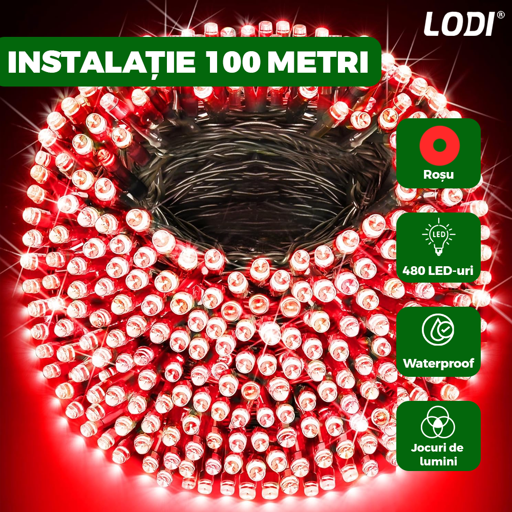 Instalatie de Craciun Liniara Lodi1436, 480 LED-uri, 8 jocuri de lumini, alimentare la priza, interior/exterior, rezistenta la apa, 100 m, rosu