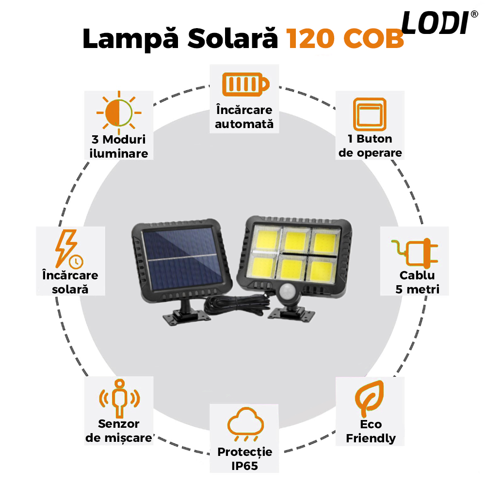 Lampa Solara 120 COB Lodi134, senzor de miscare, 3 moduri de iluminare, protectie IP65, Waterproof, exterior, negru