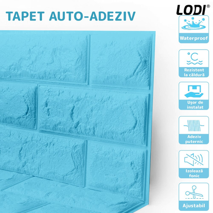 Set Tapet Mic Caramida 3D Lodi106, suprafata acoperire 3.31 mp, autoadeziv, waterproof, usor de montat, design modern, 38.5x34 cm, albastru