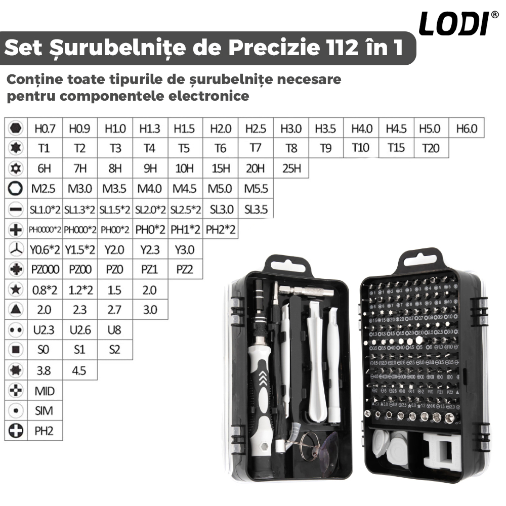 Set Trusa Surubelnite de Precizie 112 in 1 Lodi121,  pentru Macbook, iMac, iPhone, electronice, telefon, PC, otel S2, varf magnetic,  negru
