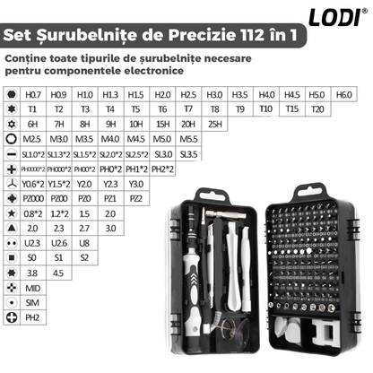 Set Trusa Surubelnite de Precizie 112 in 1 Lodi121,  pentru Macbook, iMac, iPhone, electronice, telefon, PC, otel S2, varf magnetic,  negru