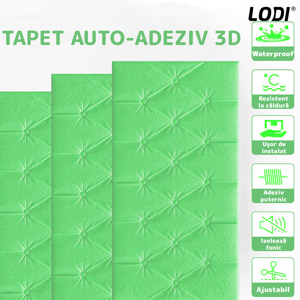 Set Tapet 3D Lodi388, suprafata acoperire 2.45 mp, autoadeziv, waterproof, design modern, usor de montat, 70x35cm, verde