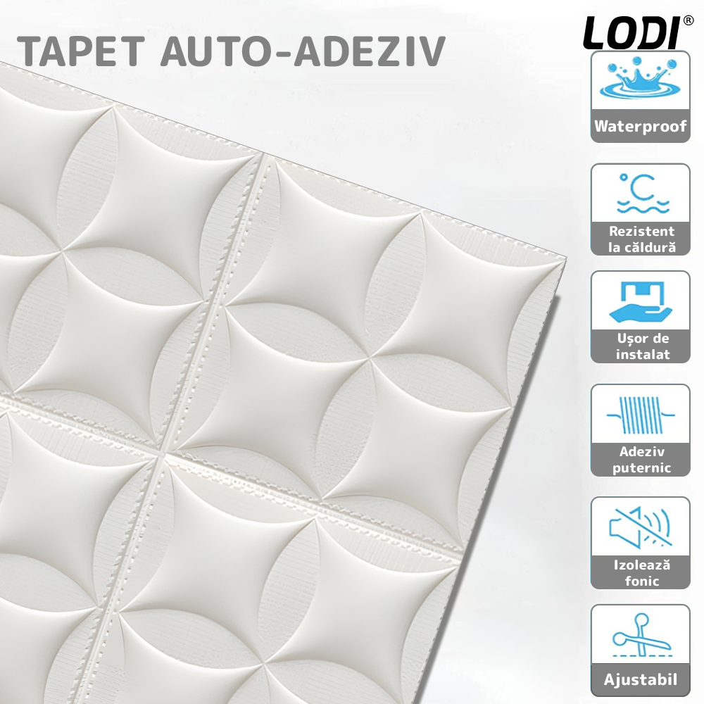 Set 10x Tapet 3D Lodi827, suprafata acoperire 4.9 mp, autoadeziv, Model Pernute, perete/tavan, waterproof, usor de montat, design modern, 70x77 cm, alb