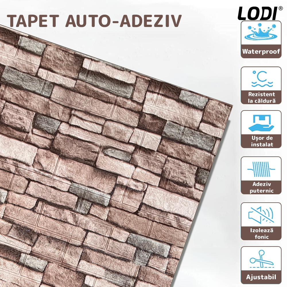 Set 10x Tapet Caramida 3D Lodi1088, Model Piatra Naturala, suprafata acoperire 5.3. mp, autoadeziv, waterproof, usor de montat, design modern, 70x77 cm, maro deschis