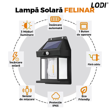Lampa Solara de Perete LED Tip Felinar Lodi1248, senzor de miscare 5-8 metri, fara fir, 3 moduri de iluminare, protectie IP65, Waterproof, exterior, negru