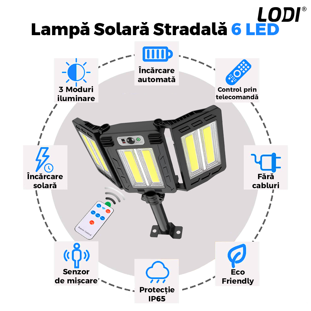 Lampa Solara Stradala 6 LED-uri Lodi874, 3 capete, control prin telecomanda, senzor de miscare, 3 moduri de iluminare, protectie IP65, Waterproof, exterior, negru