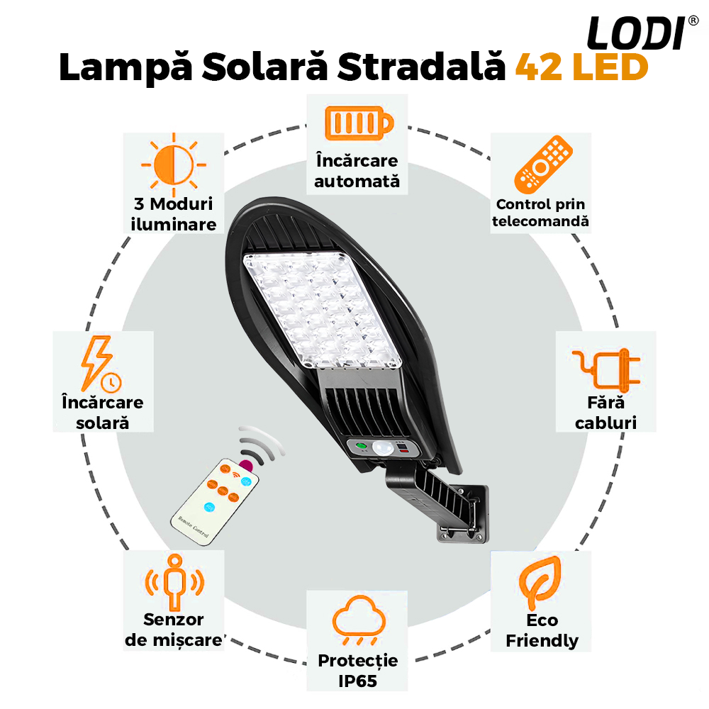 Lampa Solara Stradala 42 LED-uri Lodi868, rotunda, control prin telecomanda, senzor de miscare, 3 moduri de iluminare, protectie IP65, Waterproof, exterior, negru