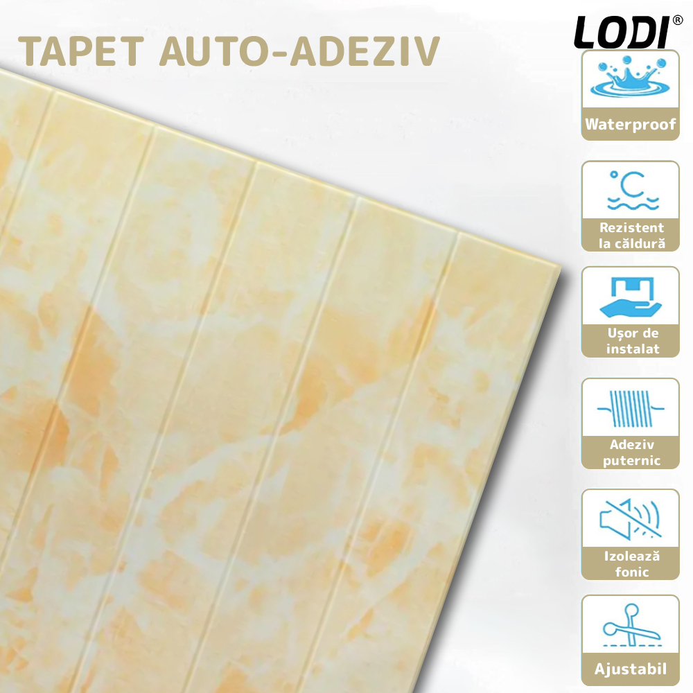 Set Tapet Panou 3D Lodi170, Model Marmura, suprafata acoperire 4.9 mp, autoadeziv, waterproof, usor de montat, design modern, 70x70 cm, galben