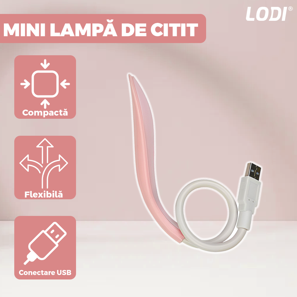 Mini Lampa Led Lodi1006, alimentare USB, lumina pentru citit, flexibila, portabila, compatibilitate universala, roz