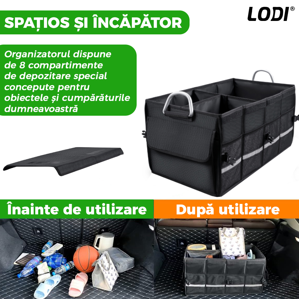 Organizator Auto Portbagaj Lodi292, 8 compartimente, pliabil, impermeabil, portabil, manere aluminiu, multifunctional, universal, capac inclus, negru