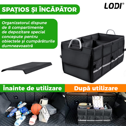 Organizator Auto Portbagaj Lodi292, 8 compartimente, pliabil, impermeabil, portabil, manere aluminiu, multifunctional, universal, capac inclus, negru