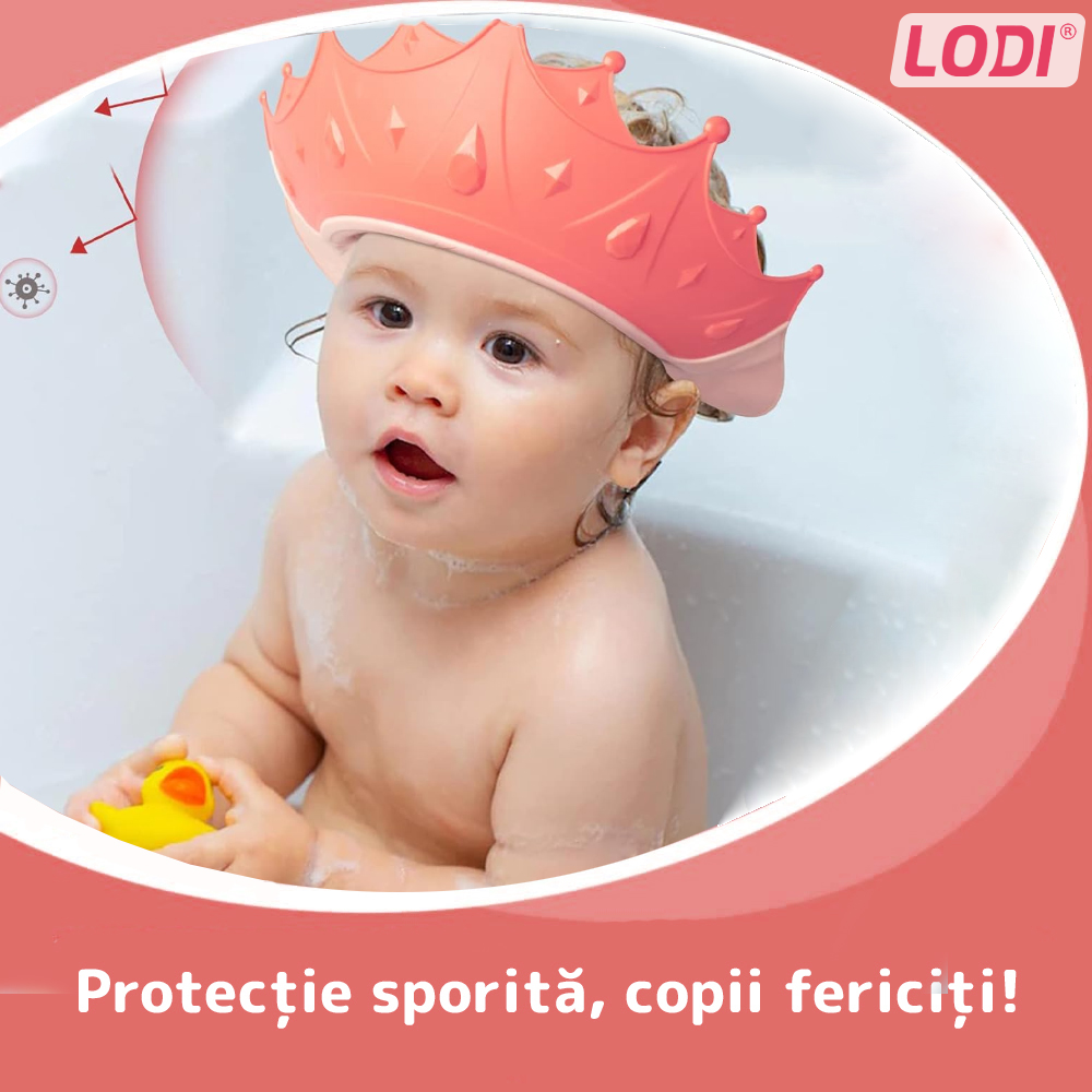 Palarie de Baie pentru Copii Lodi310, protectie impotriva samponului pentru ochi si urechi, reglabila, forma coroana rege/regina, roz