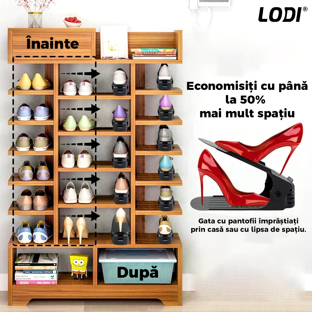 Set 10 Organizatoare Incaltaminte Lodi45, 3 niveluri de reglare pe inaltime, suport pantofi, economisire spatiu, materiale calitative, universale, negru