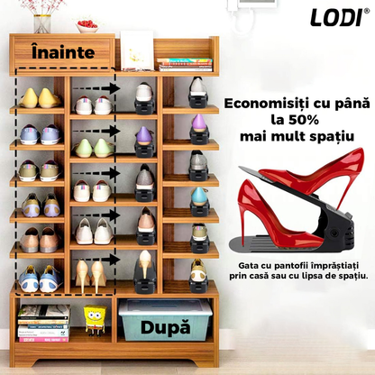 Set 10 Organizatoare Incaltaminte Lodi45, 3 niveluri de reglare pe inaltime, suport pantofi, economisire spatiu, materiale calitative, universale, negru