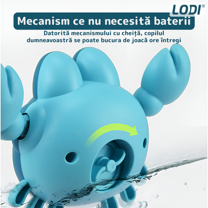 Jucarie de Baie pentru Copii Lodi856, Crab Inotator, interactiva, fara baterii, mecanism cu cheita, 9 x12 cm, albastru