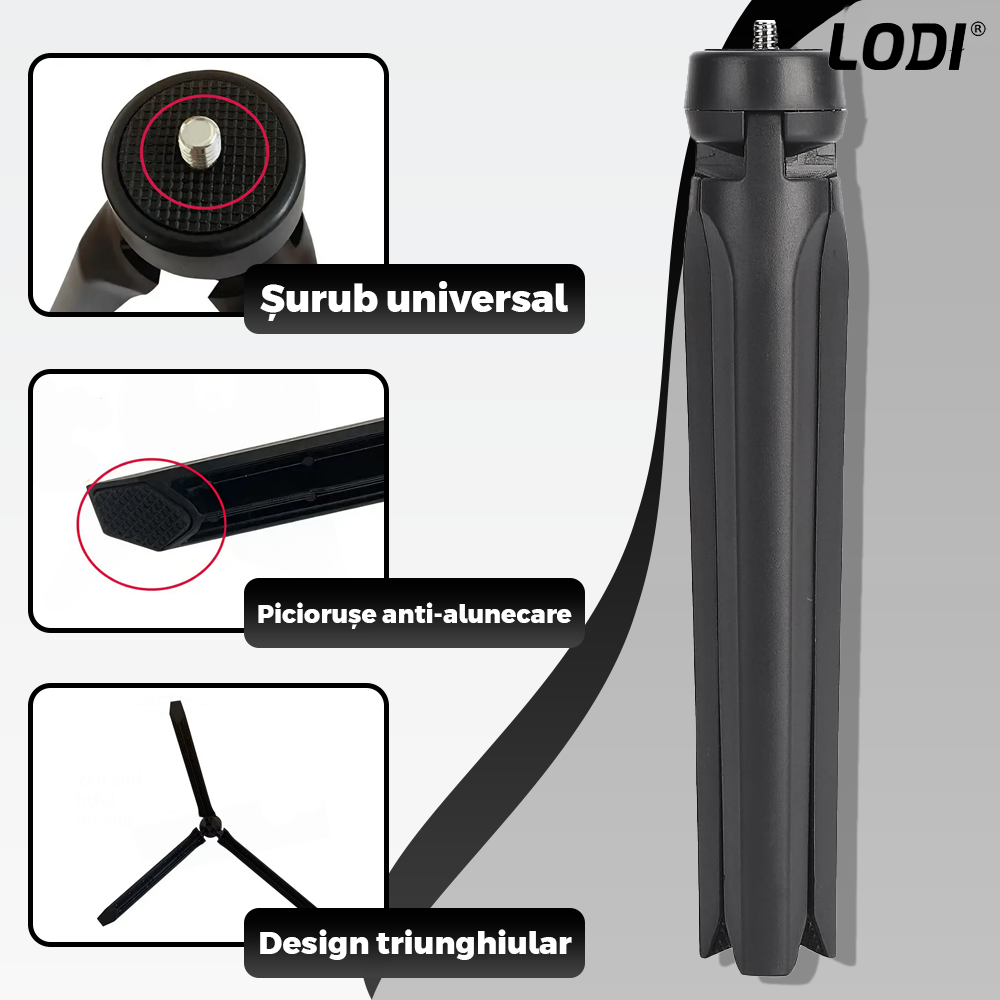 Mini Trepied Lodi1312, pentru telefon, aparat foto, camera video,lampa circulara, materiale calitative, surub universal, picioruse anti-derapante, portabil, ergonomic, 20 x 3 cm, negru