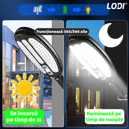 Lampa Solara Stradala 3 LED-uri Lodi885, rotunda, control prin telecomanda, senzor de miscare, 3 moduri de iluminare, protectie IP65, Waterproof, exterior, negru