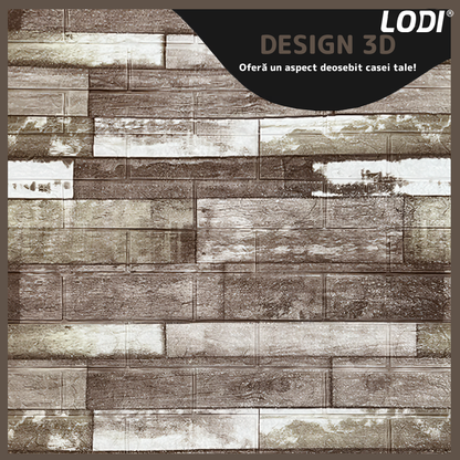 Set 10x Tapet Caramida 3D Lodi1087, Model Lemn, suprafata acoperire 5.3. mp, autoadeziv, waterproof, usor de montat, design modern, 70x77 cm, maro inchis