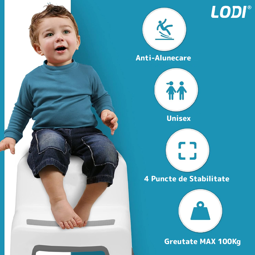 Scaunel Inaltator pentru Copii Lodi33, multifunctional, doua trepte, suprafata anti-alunecare, pentru bucatarie/baie, tip scara, confortabil, sigur, alb