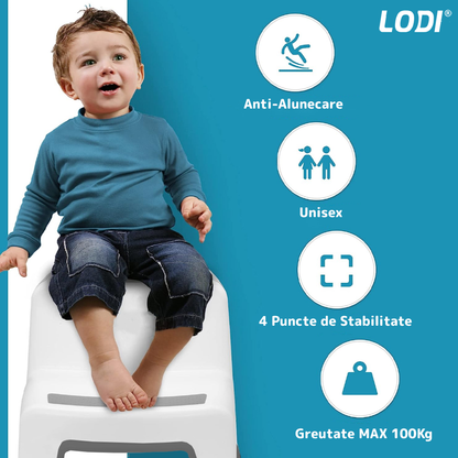 Scaunel Inaltator pentru Copii Lodi33, multifunctional, doua trepte, suprafata anti-alunecare, pentru bucatarie/baie, tip scara, confortabil, sigur, alb