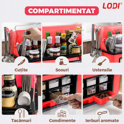 Organizator Multifunctional pentru Bucatarie Lodi484,  suport sticle, rafturi pentru condimente, cuier pentru ustensile, suport cutite, 46 x 26 x 43 cm, rosu