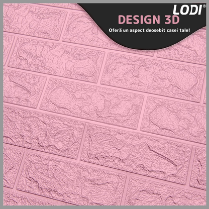 Set Tapet Mic Caramida 3D Lodi105, suprafata acoperire 3.31 mp, autoadeziv, waterproof, usor de montat, design modern, 38.5x34 cm, roz