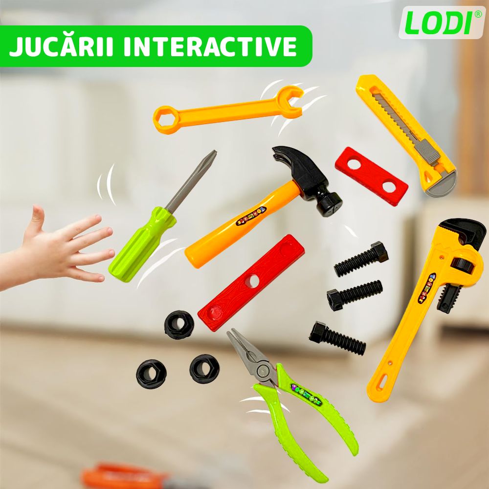 Set Trusa de Unelte si Scule Lodi476, jucarie de rol, 14 accesorii si cutie pentru depozitare. 37.5 x 21 cm, portocaliu