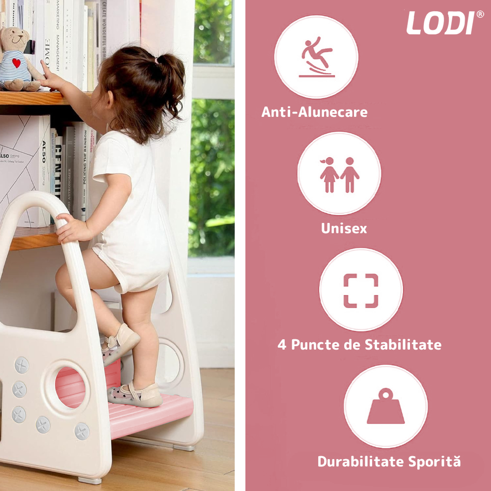 Scaunel Inaltator pentru Copii Lodi639, multifunctional,  tip scara, doua trepte, suprafata anti-alunecare, manere laterale, pentru bucatarie/baie, confortabil, sigur, roz