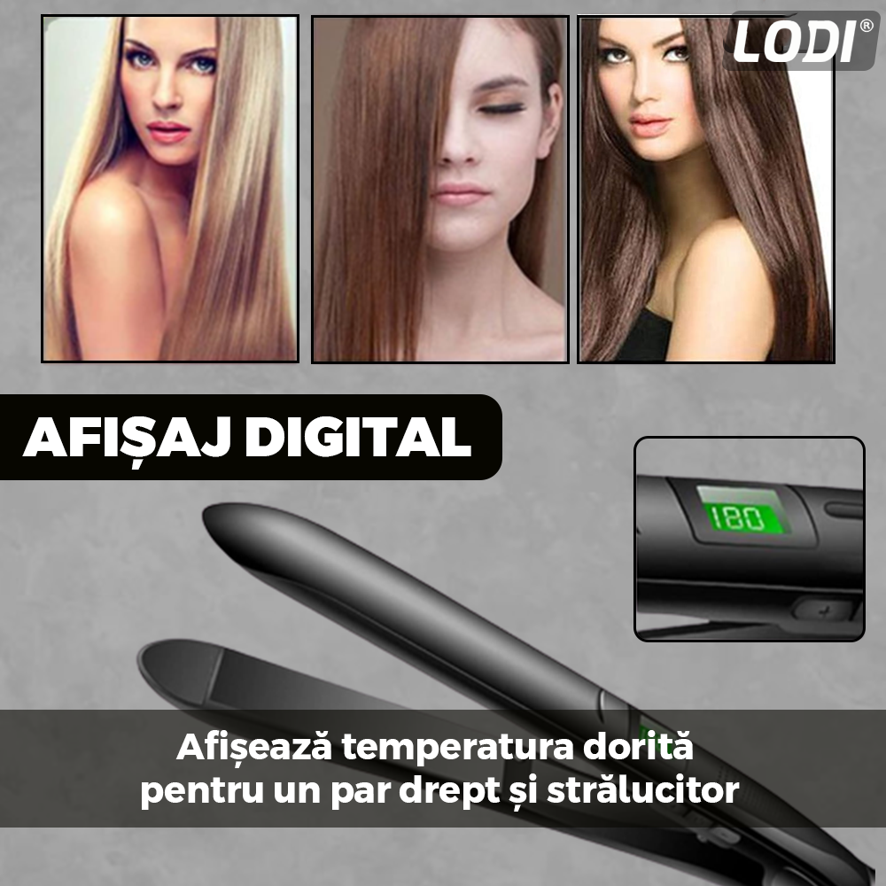 Placa profesionala de indreptat parul Lodi454,  invelis ceramic, display LCD, easy lock, setarea temperaturii, 230°, negru