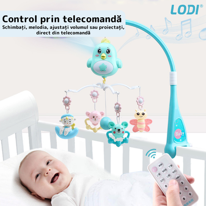 Carusel Muzical pentru Patut Lodi362, Bebe, control prin telecomanda, proiector, muzica si lumini, jucarii detasabile, albastru