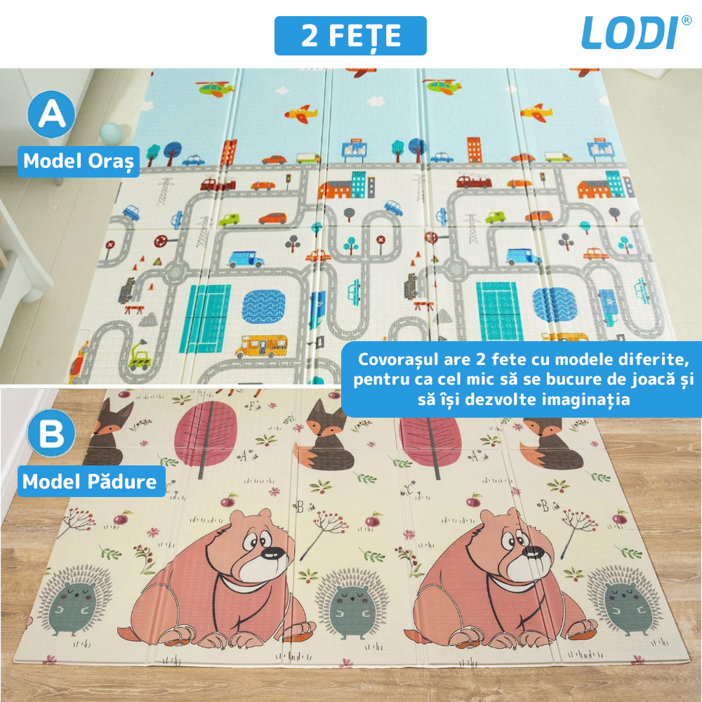 Covoras de Joaca pentru Copii Lodi287, 2 fete, termic, anti-derapant, pliabil, protectie impotriva loviturilor, oras si padure, 200x180cm, grosime 1 cm, multicolor
