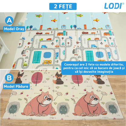 Covoras de Joaca pentru Copii Lodi287, 2 fete, termic, anti-derapant, pliabil, protectie impotriva loviturilor, oras si padure, 200x180cm, grosime 1 cm, multicolor