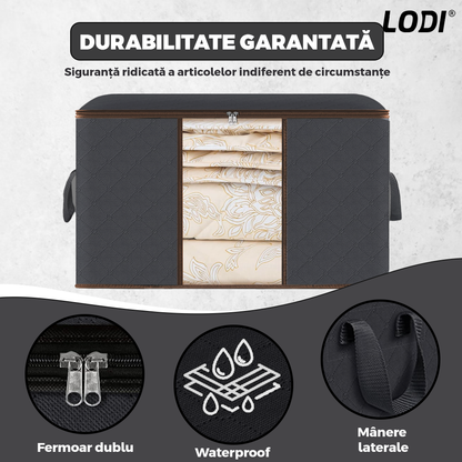 Cutie Depozitare si Organizare Mare Lodi1026, pliabila, maner ranforsat si fereastra transparenta, pentru haine/paturi/ plapumi/ perne/ lenjerii de pat/jucarii, 105 L, 70x 50x 30 cm, negru