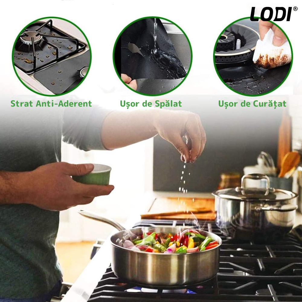 Set 4 Folii Protectie Teflon Lodi88, pentru aragaz sau plita, detasabile, ajustabile, usor de curatat, anti-aderente, negru