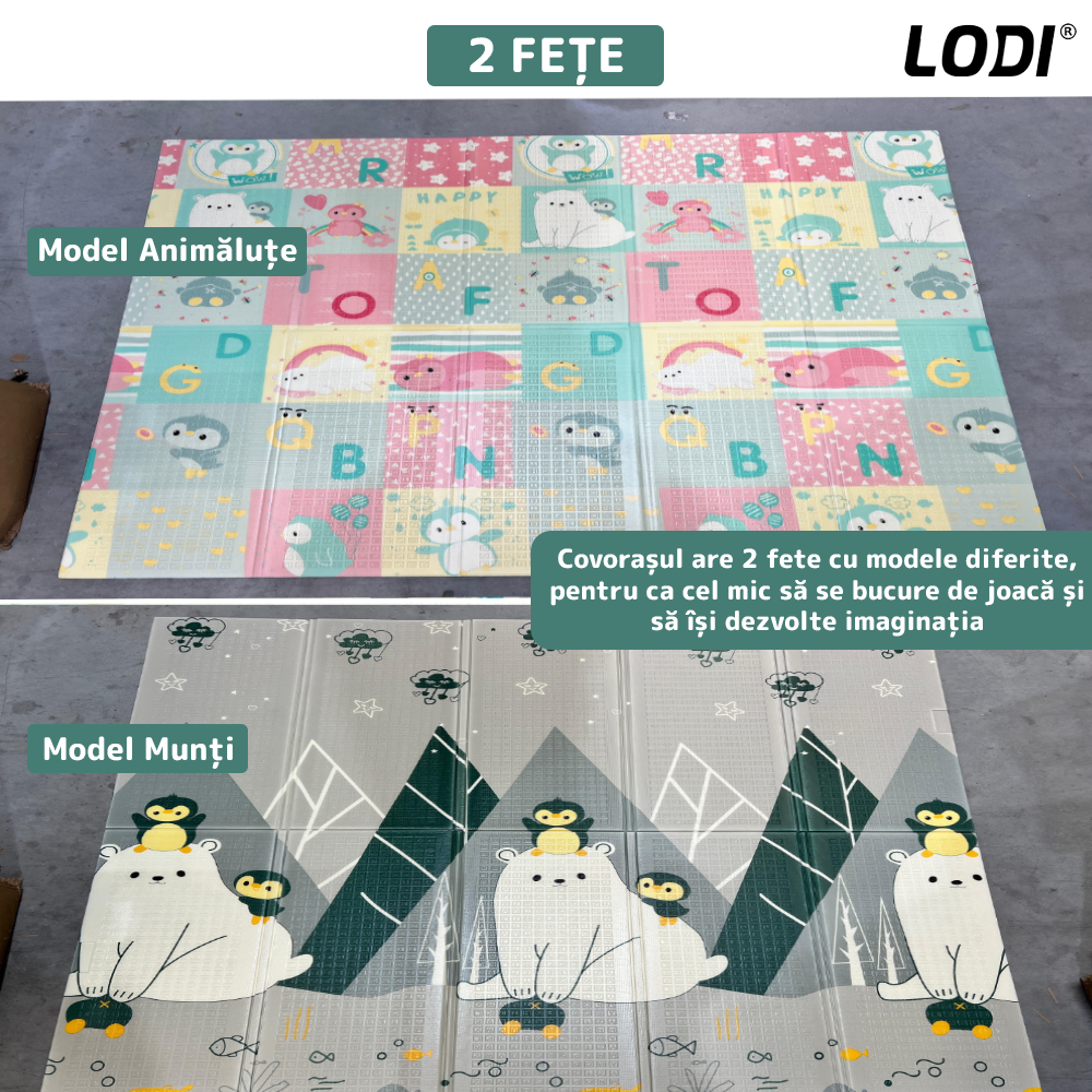 Covoras de Joaca pentru Copii Lodi662, 2 fete, termic, anti-derapant, pliabil, protectie impotriva loviturilor, animalute si munti, 200x180cm, grosime 1 cm, multicolor