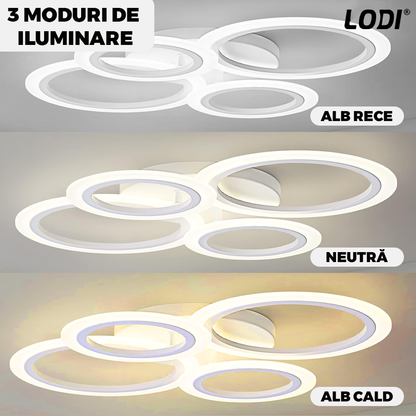 Lustra LED 4 Cercuri Lodi425,  dimabila cu telecomanda, 3 tipuri de lumina, intensitate ajustabila, lumina alba rece, neutra, alba cald, putere 110 W, 55 cm