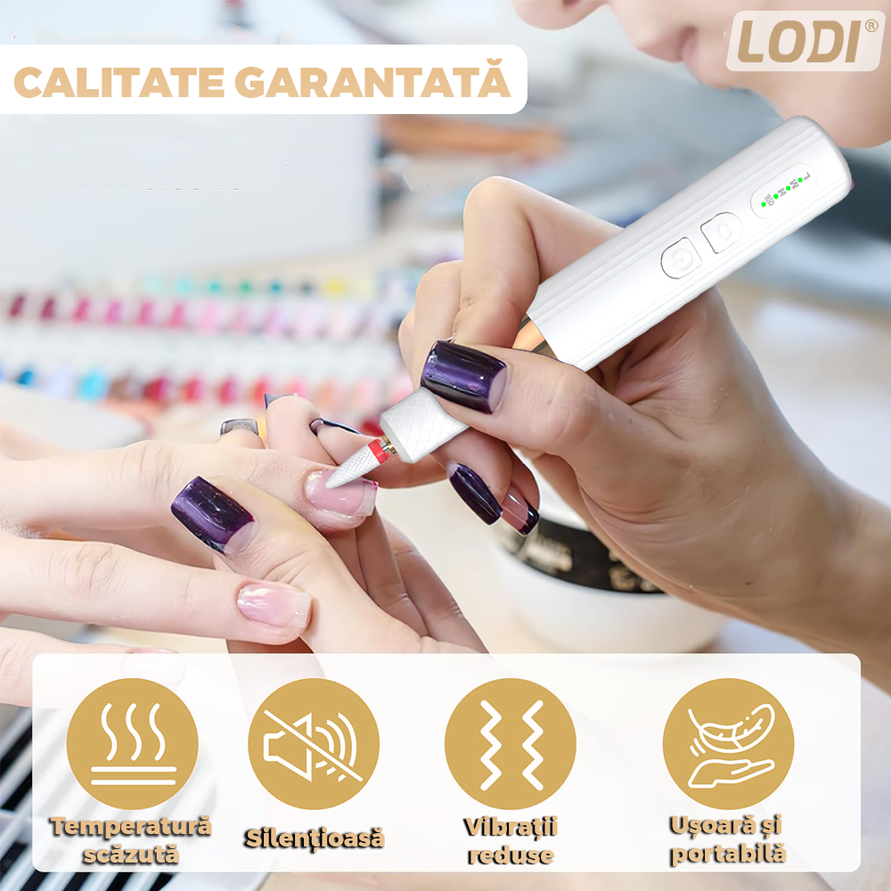 Pila Electrica Profesionala pentru Unghii Lodi1137, freza wireless, 18000 RPM, indicator led, manichiura-pedichiura, 12 capete pentru pila, 36 benzi de slefurie, portabila, alb