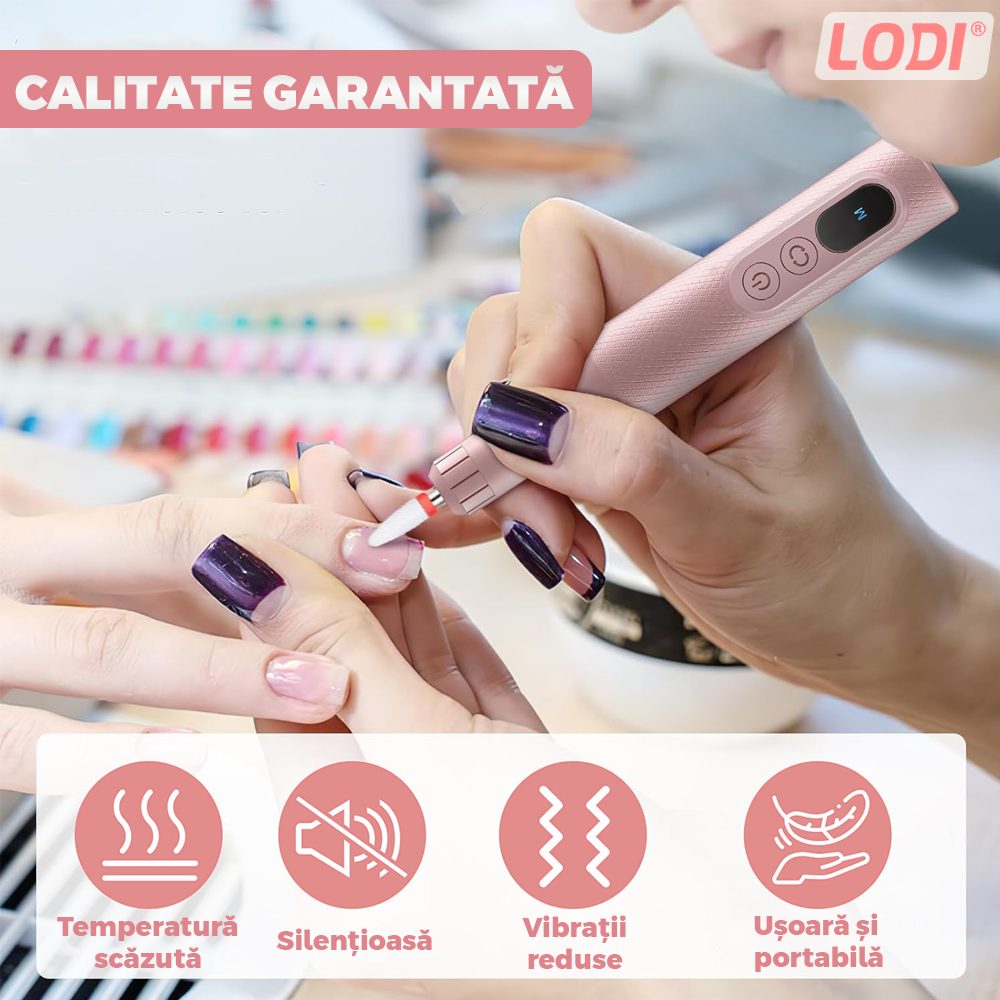 Pila Electrica Profesionala pentru Unghii Lodi1135, freză wireless, 18000 RPM, ecran LED, manichiura-pedichiura, 12 capete pentru pila, 36 benzi de slefurie, portabila, roz