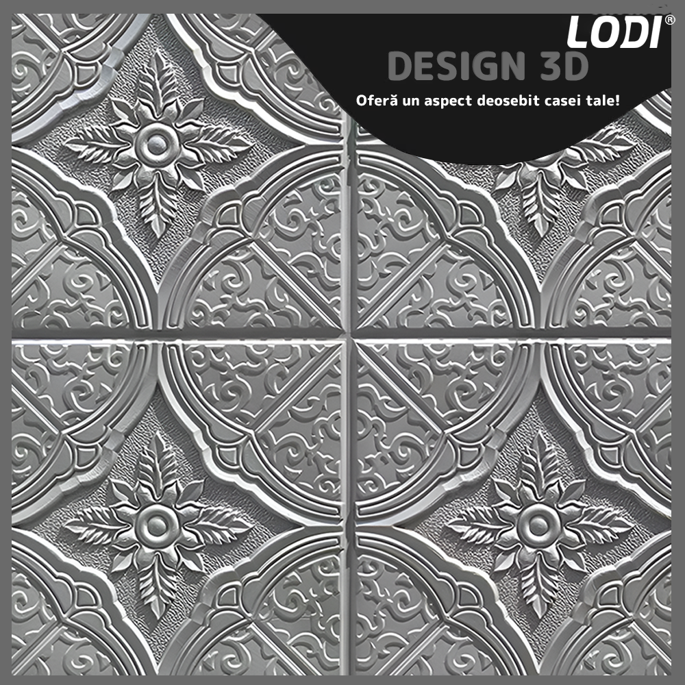 Set 10x Tapet 3D Lodi805, suprafata acoperire 4.9 mp, autoadeziv, Model Floral Diamant, perete/tavan, waterproof, usor de montat, design modern, 70x70 cm, gri