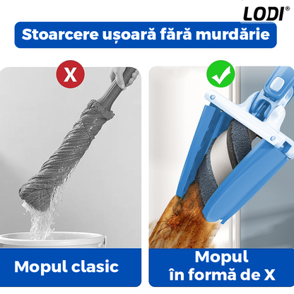Mop cu Cap in Forma de X Lodi554, rotire 360 grade, telescopic, curatare usoara, 4 lavete incluse, 123 cm, albastru deschis