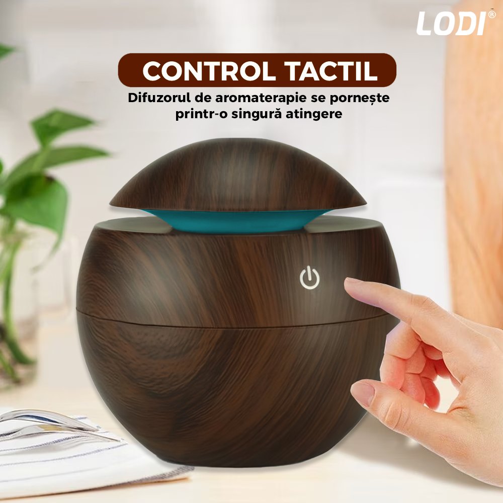 Difuzor Aromaterapie Lodi1465, forma de sfera, 7 culori LED, lumini dinamice, control tactil, capacitate 130ml, silentios, rezerva inclusa, umidifica aerul, stejar inchis