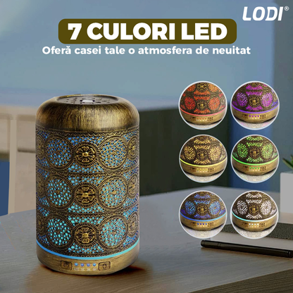 Difuzor Aromaterapie Lodi605, din metal, design vintage, 7 culori LED, 2 jocuri de lumini, capacitate 250ml, silentios, umidifica aerul, bronz