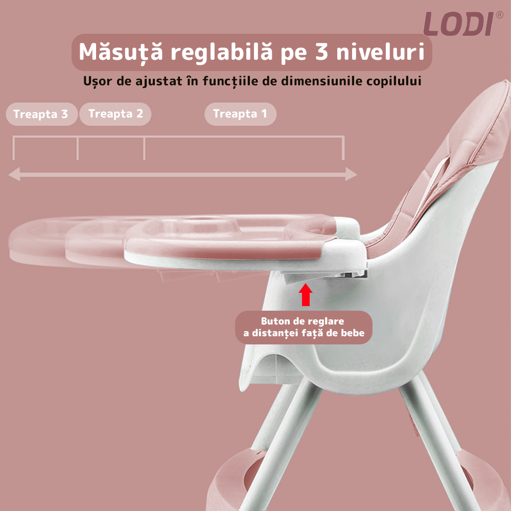 Scaun de Masa 3in1 pentru Bebelusi si Copii Lodi635, inaltime ajustabila, centura de siguranta in 5 puncte, tavita reglabila si detasabila, loc depozitare jucarii, roz pudrat