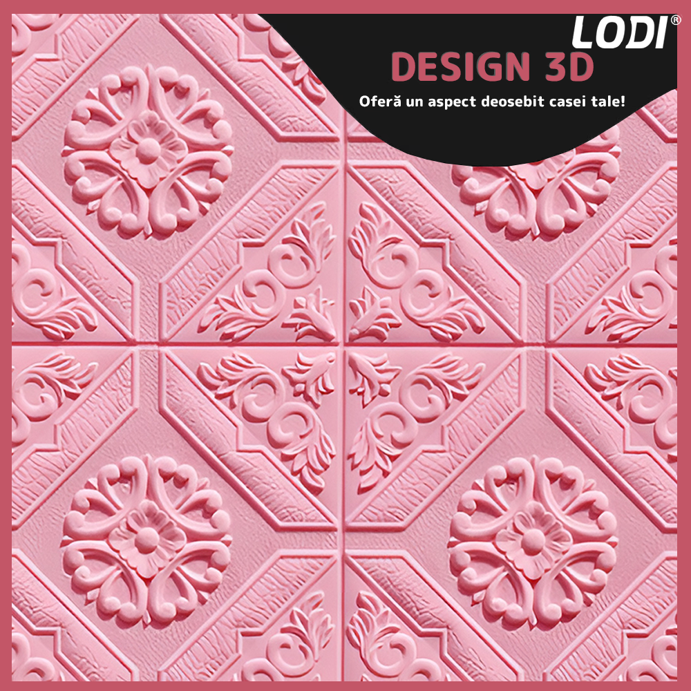 Set 10x Tapet 3D Lodi789, suprafata acoperire 4.9 mp, autoadeziv, Model Floral Carou, perete/tavan, waterproof, usor de montat, design modern, 70x70 cm, roz
