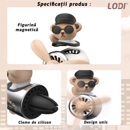 Difuzor Auto Aromaterapie Lodi335 cat pilot bear cu ochelari, kit odorizant, 2 arome cu extracte naturale incluse