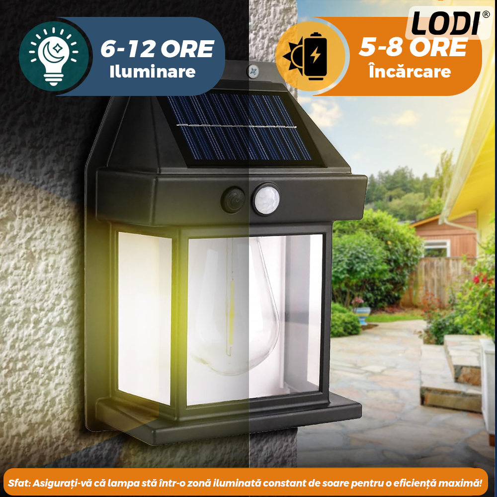 Lampa Solara de Perete LED Tip Felinar Lodi1248, senzor de miscare 5-8 metri, fara fir, 3 moduri de iluminare, protectie IP65, Waterproof, exterior, negru